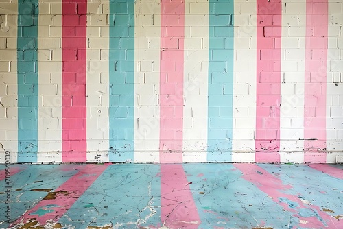 A wall with pink, white and blue stripes. The wall is empty and has a graffiti-like appearance