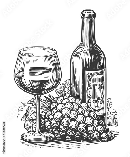 Ripe grapes, wine bottle and wine glass isolated on white background. Sketch vintage vector illustration