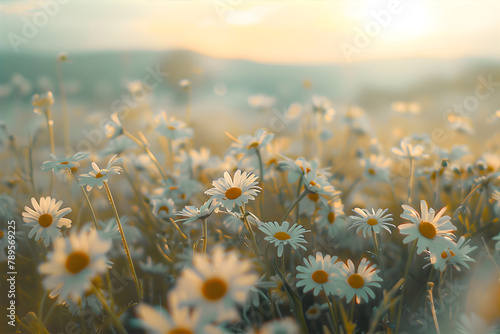 Fototapeta Naklejka Na Ścianę i Meble -  Field of Daisies -  a field of daisies in bloom, symbolizing purity and innocence.  Card for Midsommar, Jaanipaev, Jonsok with copy space.