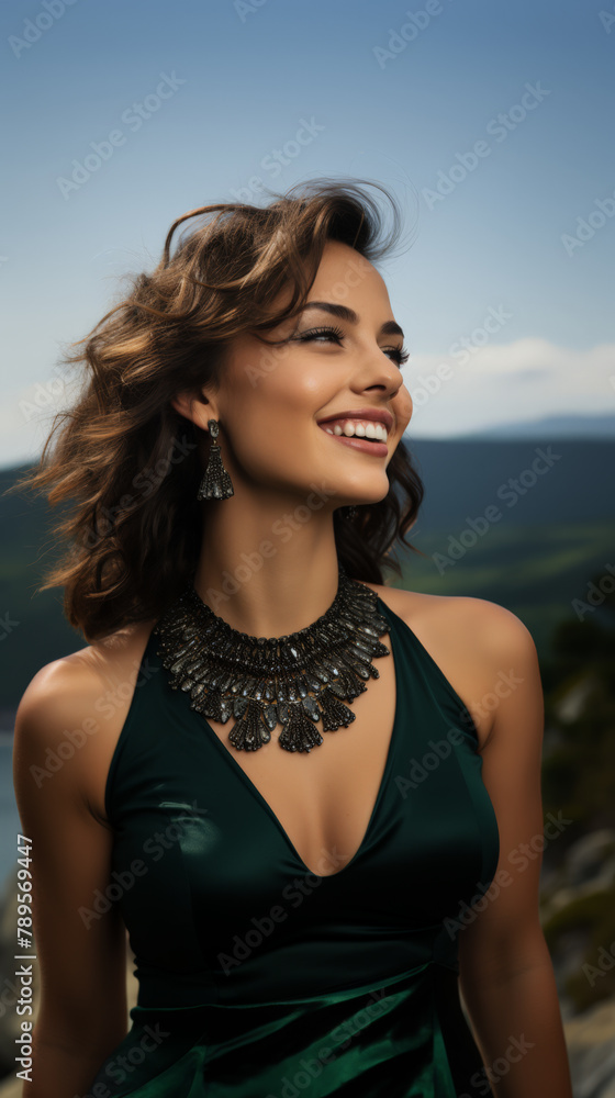 Elegant woman in green dress enjoying the sunshine outdoors Elegant woman in green dress enjoying the sunshine outdoors