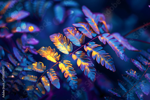 Magical pattern with neon glowing fern leaves. An atmosphere of Midsummer magic.