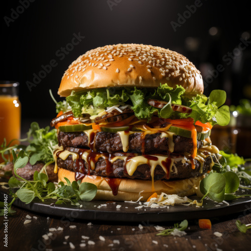 Mouthwatering triple patty burger with fresh toppings