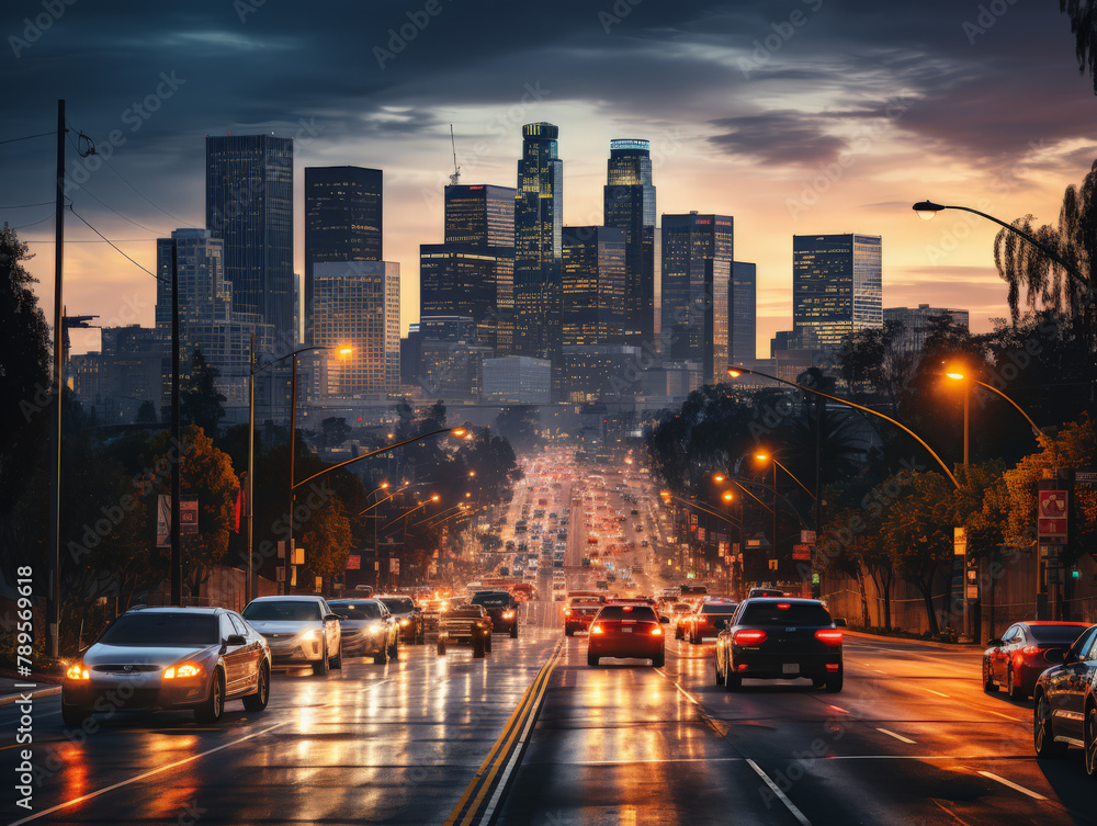 Busy city street at twilight with glowing skyline - obrazy, fototapety, plakaty 