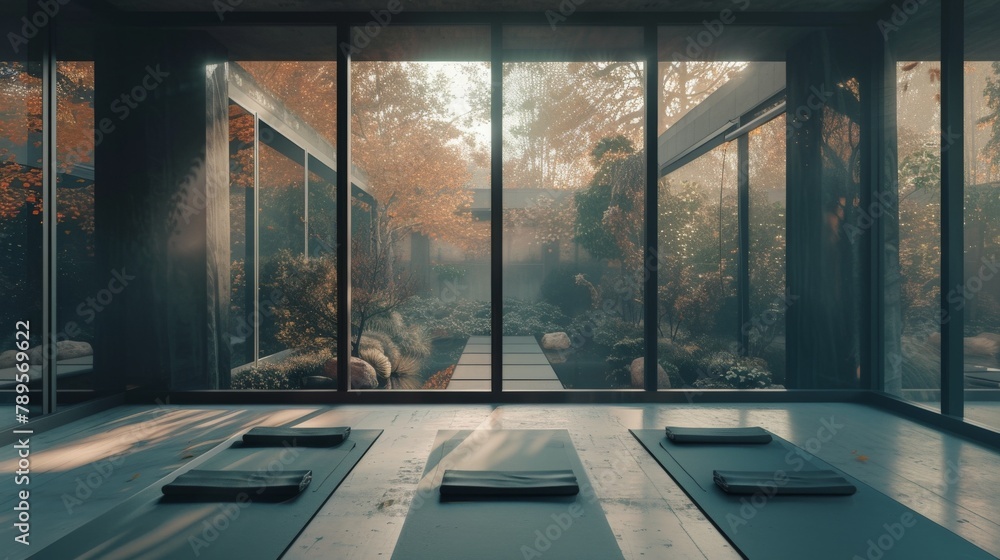 Fototapeta premium A quiet, minimalist yoga studio with floor-to-ceiling windows overlooking a peaceful garden, with individuals practicing mindfulness yoga
