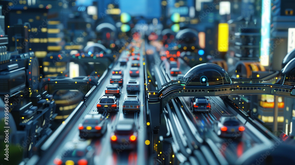 A futuristic city with flying cars on a highway A futuristic city with flying cars on a highway