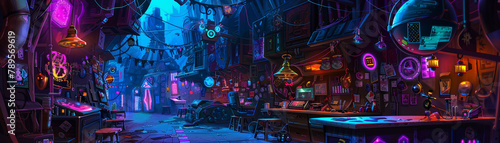 A dark and seedy bar, with neon lights and a variety of strange and unusual characters. photo