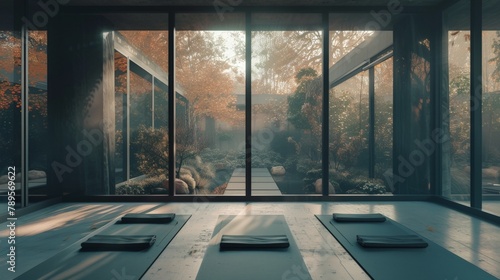 A quiet, minimalist yoga studio with floor-to-ceiling windows overlooking a peaceful garden, with individuals practicing mindfulness yoga