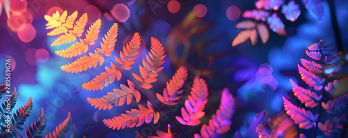 Magical pattern with magenta neon glowing fern leaves. An atmosphere of Midsummer magic.