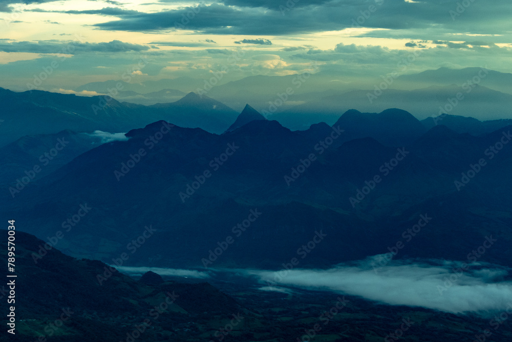 Fototapeta premium Panorama of the Andes Mountains from the Cerro las Nubes, Mount of the Clouds, in Jerico, Jericó, Antioquia, Colombia. View on Cerro Tusa, Mount Tusa.