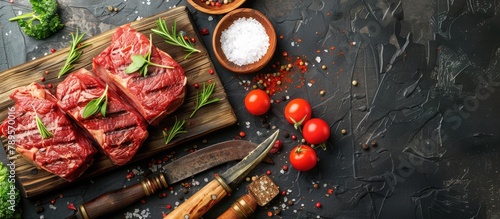 Assortment of fresh beef steaks for cooking on the grill, accompanied by seasoning and cooking tools on a dark, traditional cutting board.