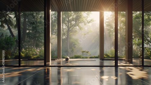 A quiet, minimalist yoga studio with floor-to-ceiling windows overlooking a peaceful garden, with individuals practicing mindfulness yoga