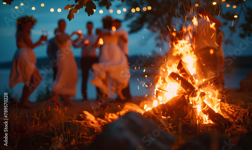 People dancing around a Midsummer Bonfire wearing traditional wreaths on their heads. Midsummer celebration concept.