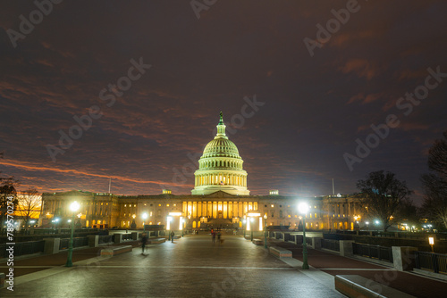 Capitol building in Washington DC at night.