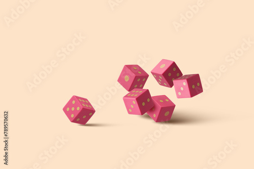Purple rolling dice cubes levitating over beige studio background