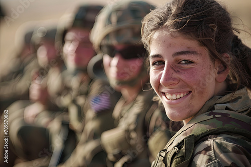 A young female soldier smiling, dressed in military uniform, alongside fellow soldiers on a mission photo