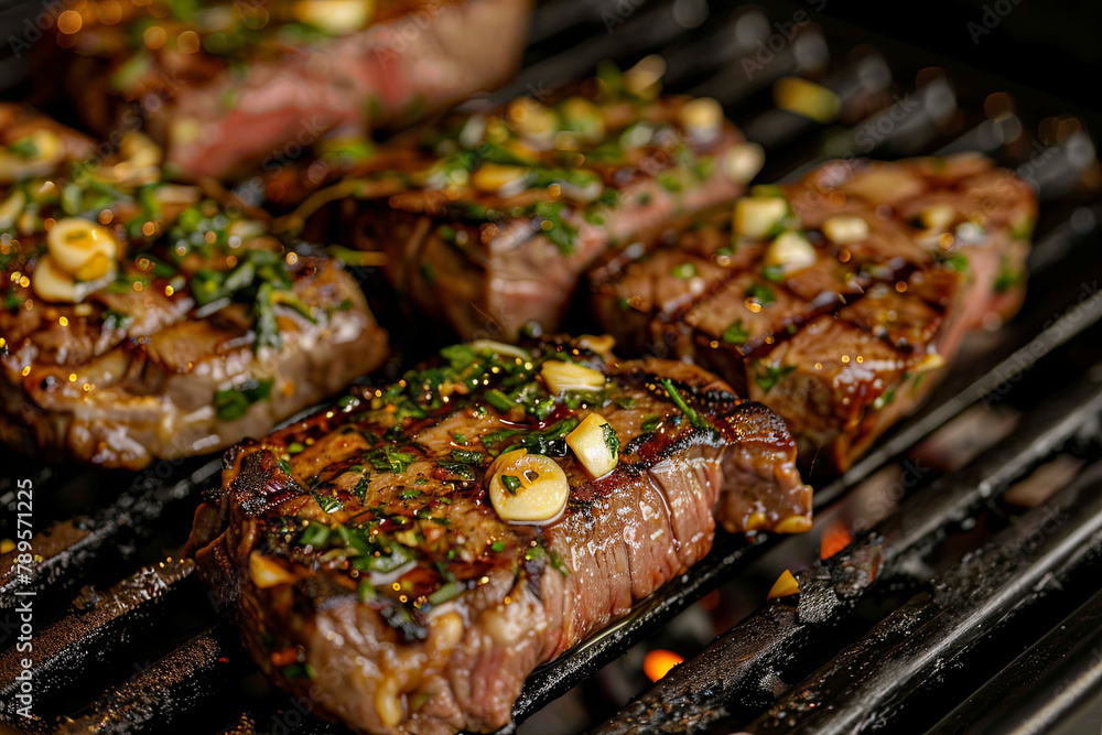Steaks on the grill, brushed with olive oil and sprinkled with chopped garlic Steaks on the grill, brushed with olive oil and sprinkled with chopped garlic