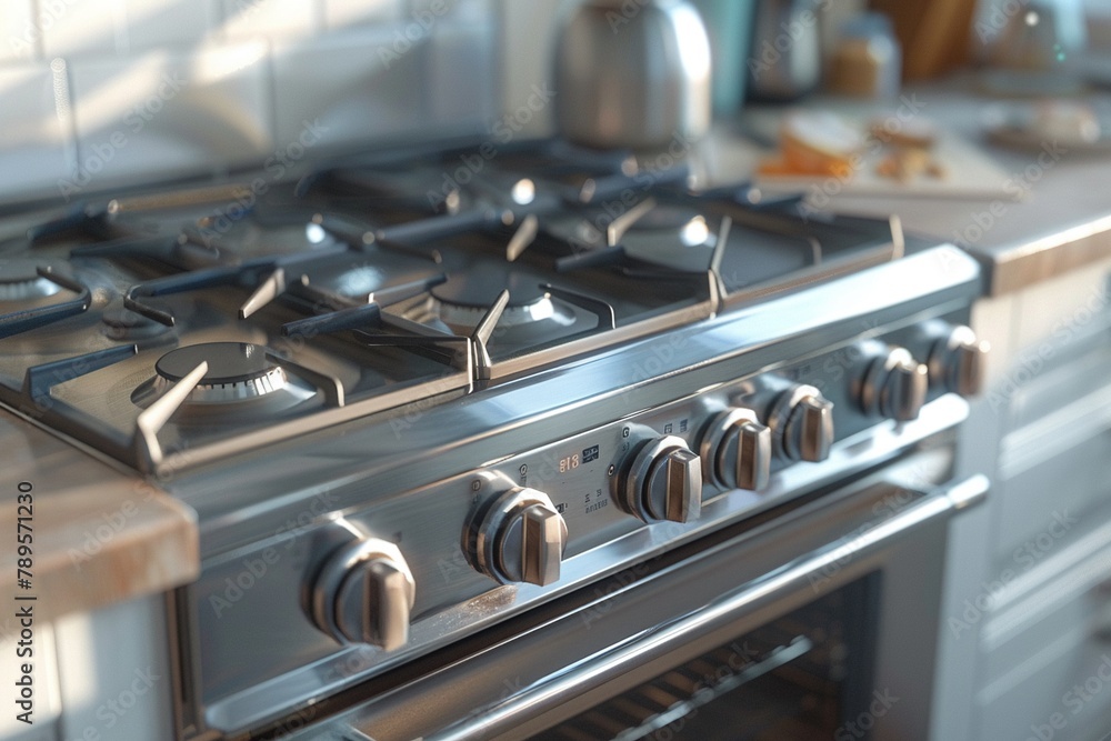 The stove is depicted with four burners and an oven, ready for cooking delicious meals 8K , high-resolution, ultra HD,up32K HD - obrazy, fototapety, plakaty 