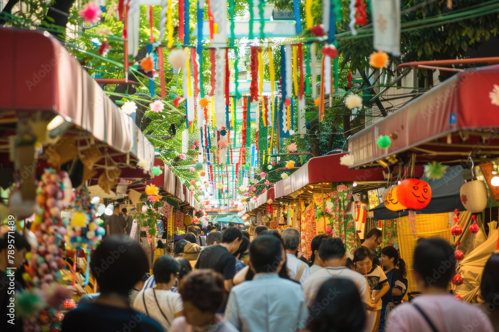 A bustling street during the Tanabata festival