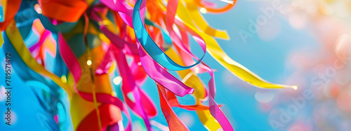 Close-up of Ribbons and Maypole. Macro of colorful ribbons fluttering around a festive Maypole. Banner for Midsommar, Jaanipaev, Jonsok greeting card with copy space. photo