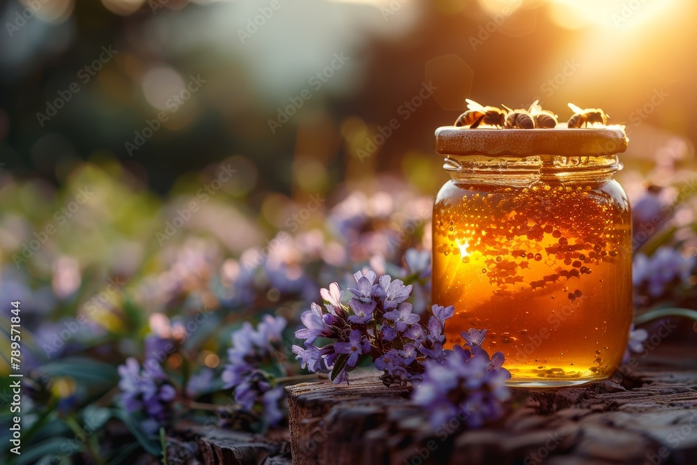 A captivating image of a jar filled with golden honey surrounded by buzzing bees and purple flowers A captivating image of a jar filled with golden honey surrounded by buzzing bees and purple flowers