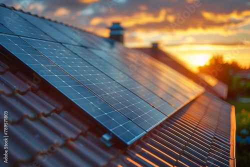 Solar panels on residential roof catching the last rays of the sun at sunset photo
