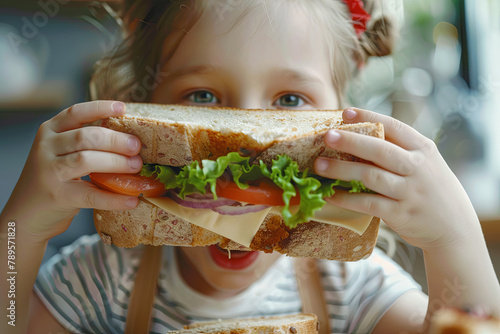 Little girl consuming a large sandwich