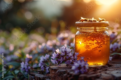 A captivating image of a jar filled with golden honey surrounded by buzzing bees and purple flowers