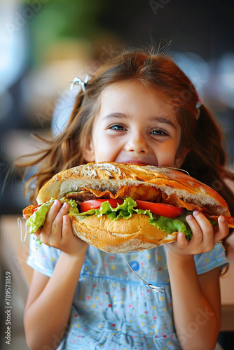 Little girl consuming a large sandwich