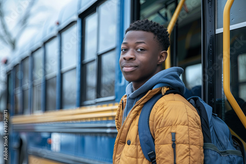 Adolescent male pupil disembarking from a school bus