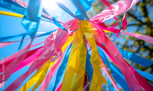 Close-up of Ribbons and Maypole. Macro of colorful ribbons fluttering around a festive Maypole. background for Midsommar greeting card. © Alexey