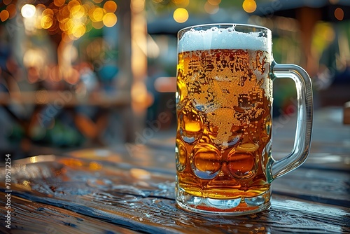 A glass of beer at a traditional beer festival with copy space ,blur background