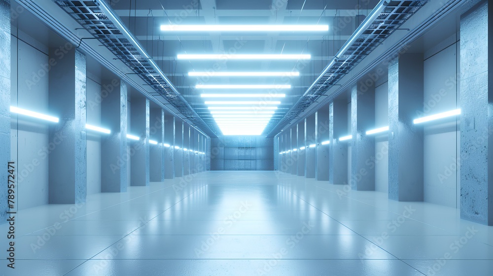 Obraz premium 3d render of empty warehouse interior with blue light and reflections.