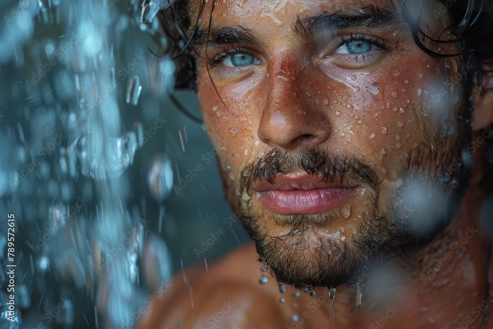 Young, bearded man with blue eyes gazing through a wet glass pane with water droplets, intense look