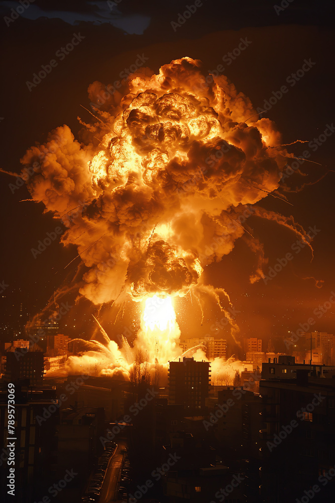 Obraz premium Urban area under assault from a missile, causing a massive explosion