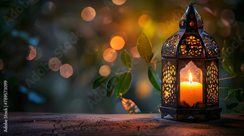 Luminous tradition, softly lit lantern by a candle, observed during Ramadan Kareem, wallpaper banner with copy space.