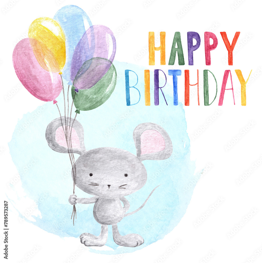 Hand drawn cartoon funny animal grey mouse with group of colorful multicolored balloons and handwritten 