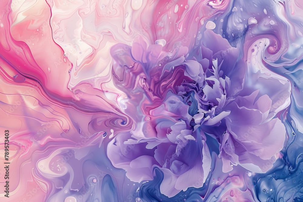 peony flower, soft pastel color watercolor background, swirls of fluid lines and abstract shapes in the style of pink purple blue white