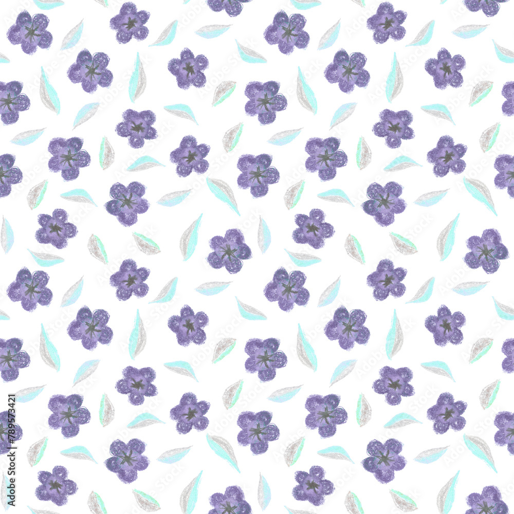 Simple pastel chalk kids illustrated style floral summer seamless pattern with little small violet lilac flowers with grey cores and and leaves.Botanical white background