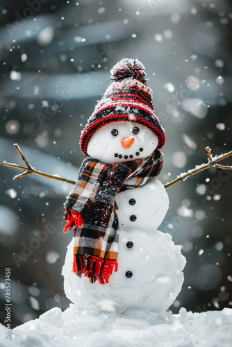 Snowy scene featuring a cheerful snowman