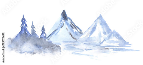 Watercolor mountais, hills, wood fir trees in grey blue color,isolated on white.Scandinavian nordic nothern landscapes,environment concept.Isolated. © Sunny_Smile