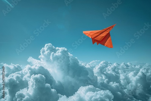 A serene image of a vivid red paper airplane flying high in a clear blue sky with fluffy white clouds