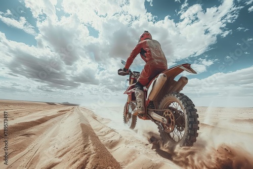 Intense focus as a motorbike racer in protective gear speeds fiercely across a desert landscape, creating a sand trail photo