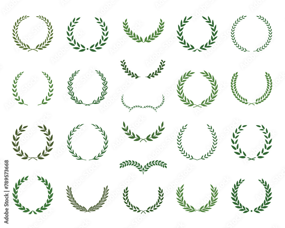 Set of green silhouette laurel foliate, olive wreaths. Vector illustration for your frame, border, ornament design, wreaths depicting an award, achievement, heraldry, emblem, logo. Set of green silhouette laurel foliate, olive wreaths. Vector illustration for your frame, border, ornament design, wreaths depicting an award, achievement, heraldry, emblem, logo.