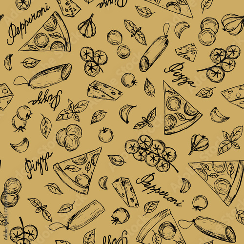 Hand illustrated seamless pattern with pepperoni pizza slices, tomatoes, salami, basil and garlic.Handwritten words "pepperoni pizza".Fast street food background.