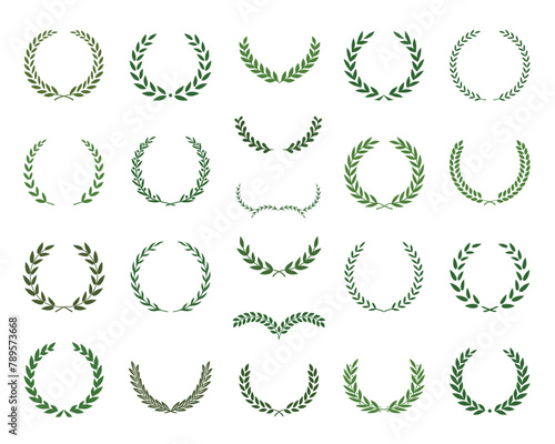 Set of green silhouette laurel foliate, olive wreaths. Vector illustration for your frame, border, ornament design, wreaths depicting an award, achievement, heraldry, emblem, logo.