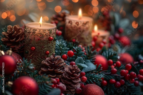 Christmas wreath with decorations and candles with copy space