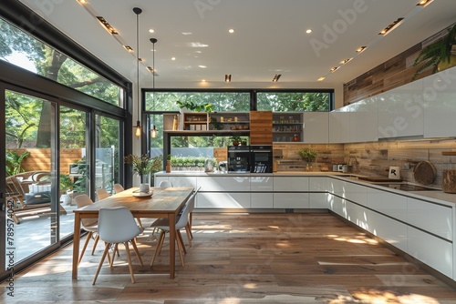 Elegant kitchen setup with modern appliances  wooden shelves  and a cozy dining spot overlooking the garden