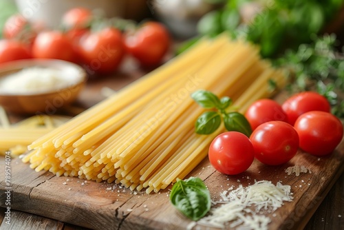 Uncooked spaghetti strands with fresh cherry tomatoes and basil leaves, ready for a traditional Italian meal