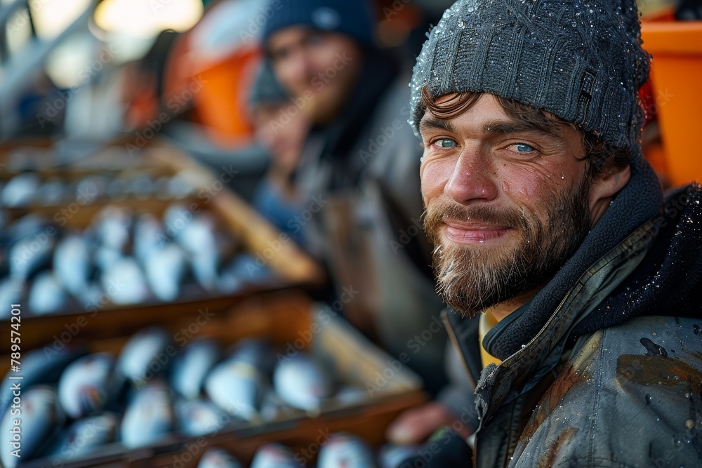Rugged fisherman in working gear with a smile, against a backdrop of crates and the ocean