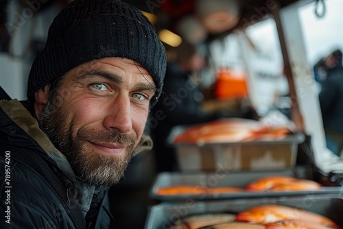Charismatic fisherman in winter attire smiling at the camera with freshly caught salmon